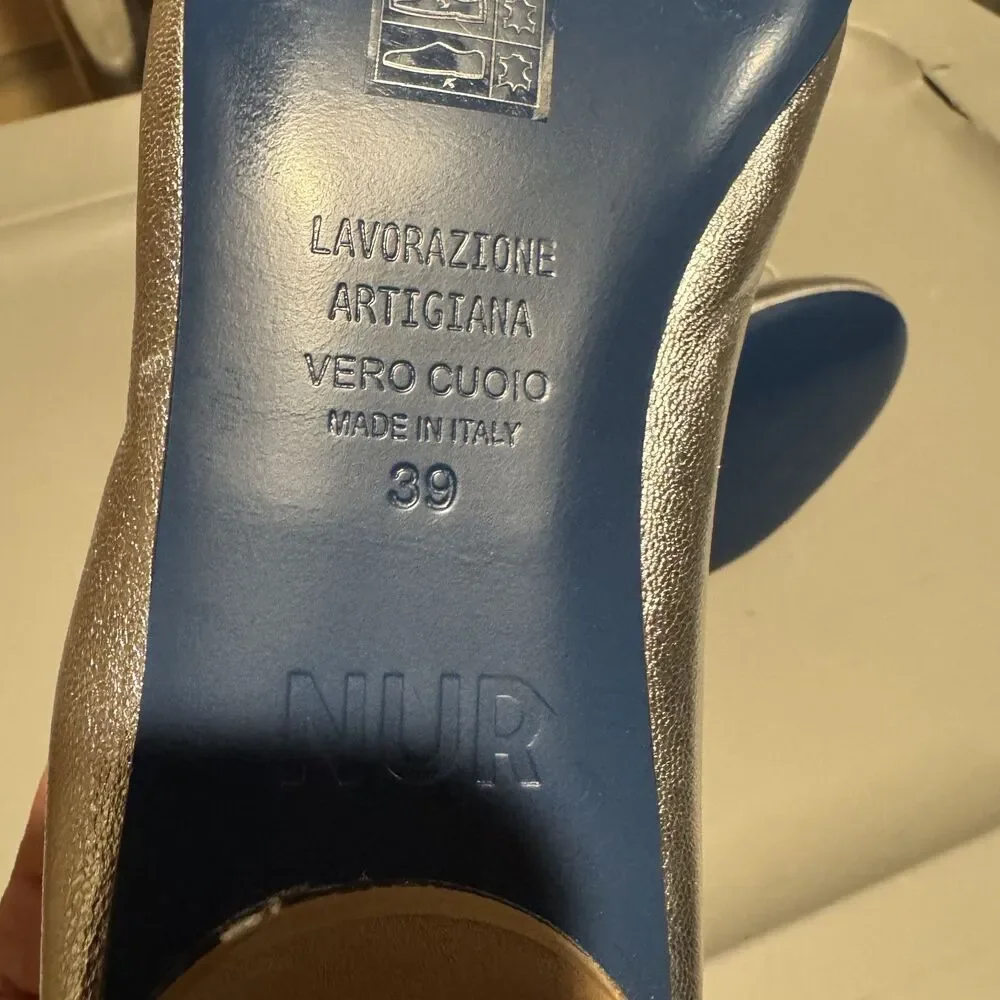 NUR Italy Ballet Flats Metallic Silver Leather Bow Women EU 39 US 8.5 Flat Shoes
